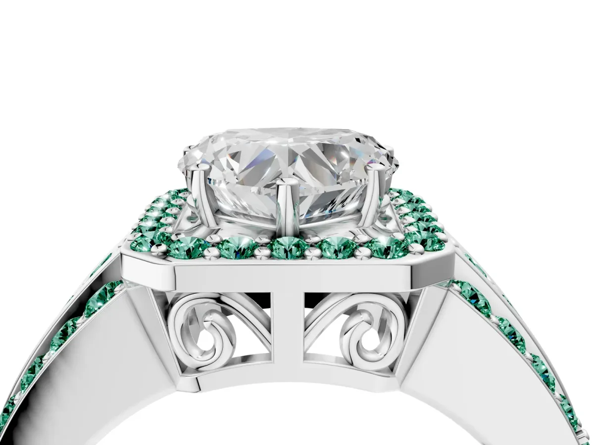 Heart Cut Halo Diamond Ring with Round Green Sapphire Split Shank and Prong Setting Silver