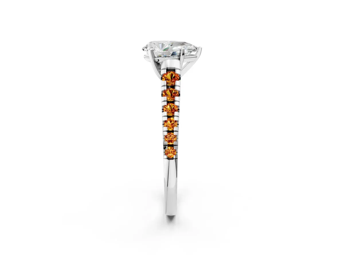 Pear Cut Diamond Cathedral Solitaire Ring with Round Citrine Pavé Band Silver
