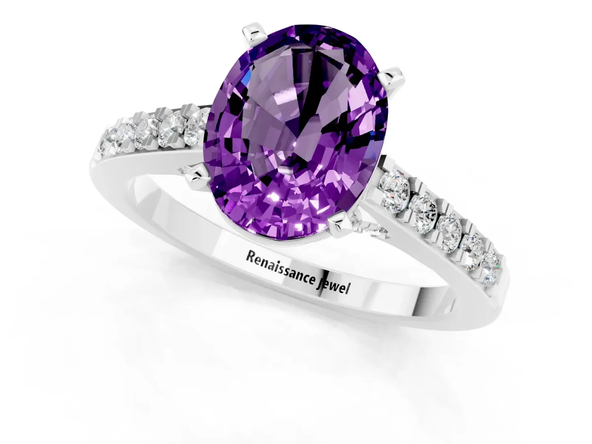 Oval Cut Amethyst Solitaire Ring with Crossover Gallery and Round Pavé Band Silver