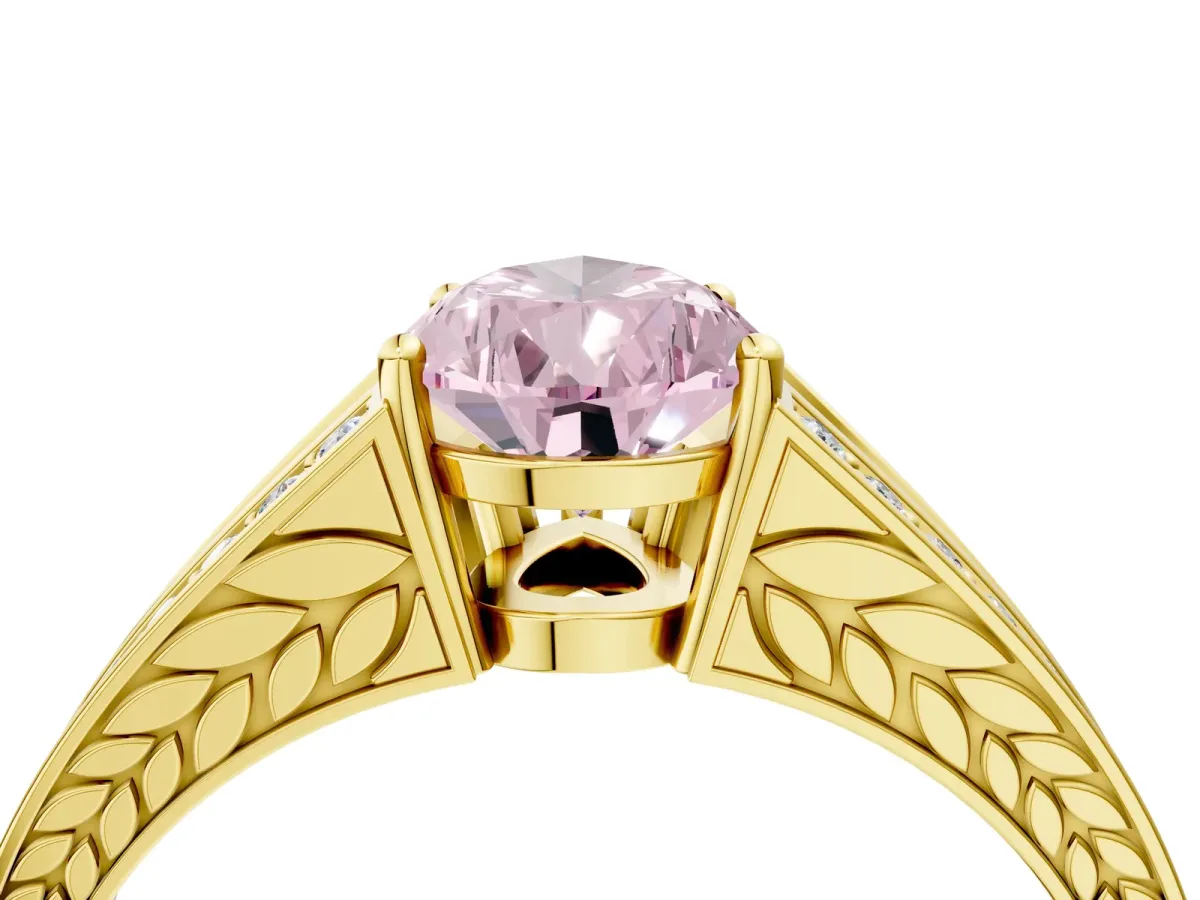 Fancy Pink Pear Cut Diamond Split Shank Ring with Pavé Band and Four-Prong Setting Yellow gold
