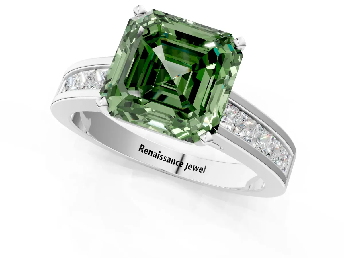 Fancy Green Asscher Cut Solitaire Diamond Ring with Channel-Set Band and Four-Prong Setting Platinum