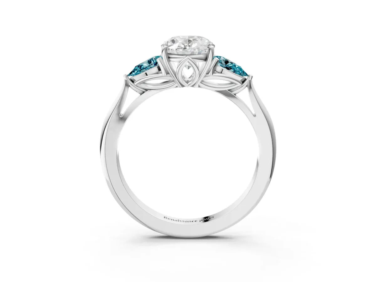 Oval Cut Diamond Three-Stone Ring with Pear Blue Topaz Side Stones and Prong Setting Silver