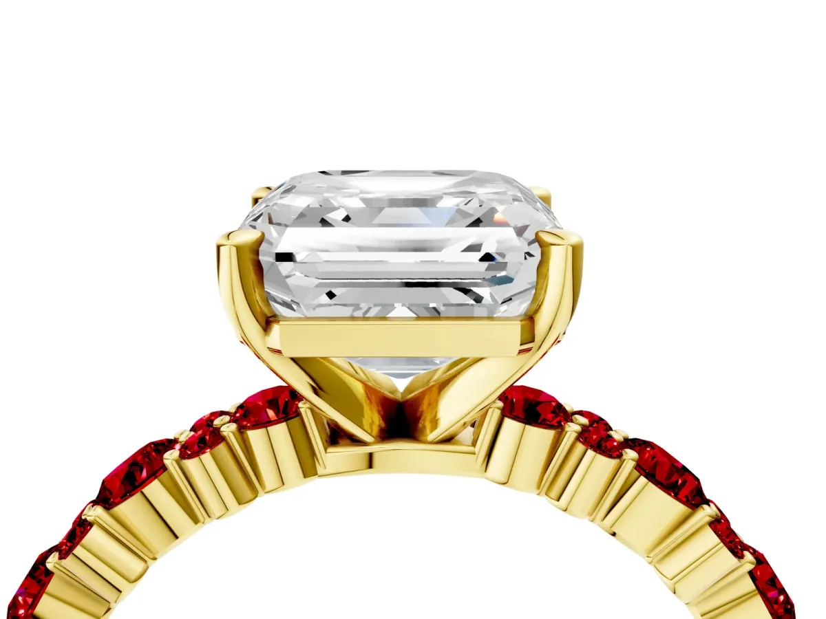 Asscher Cut Diamond Side Stone Solitaire Ring with Round Ruby and Four-Prong Setting Yellow gold
