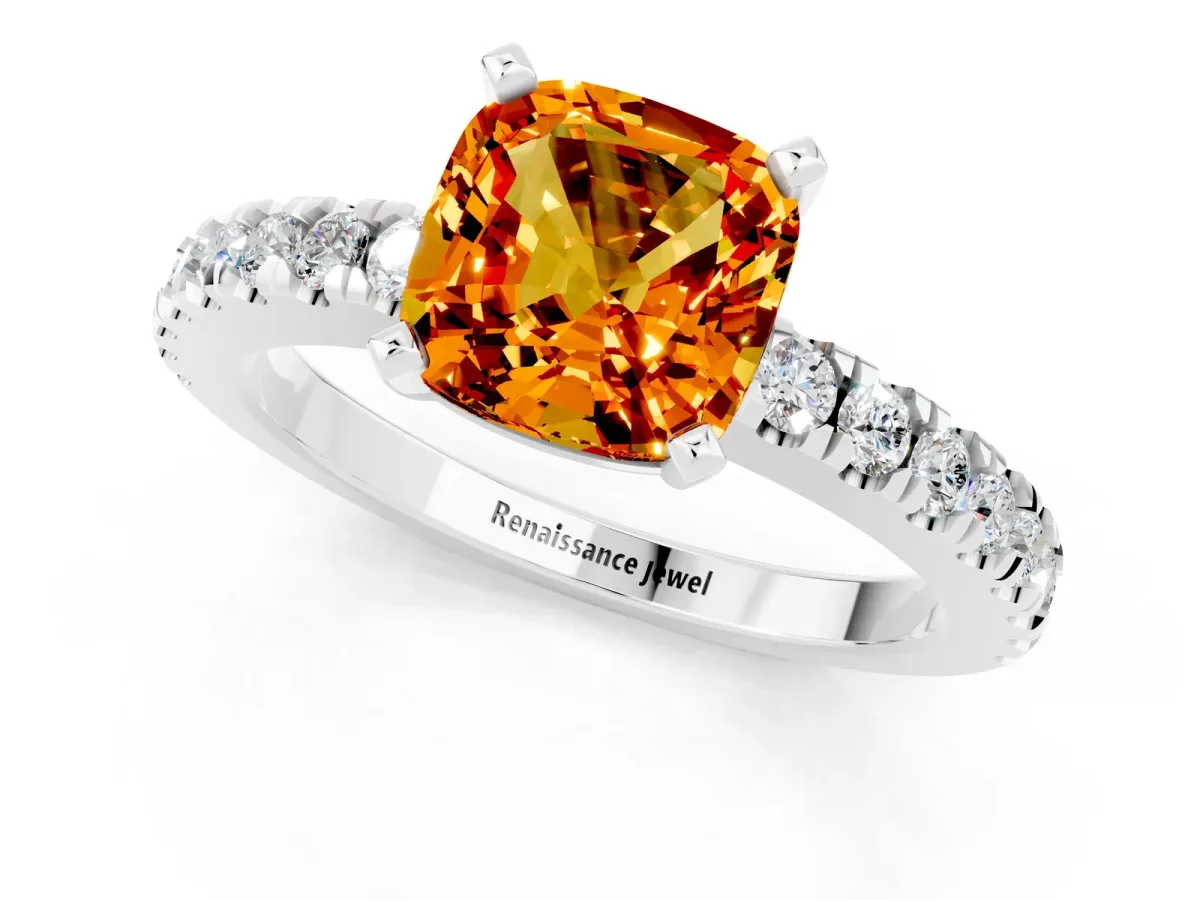 Cushion Cut Solitaire Citrine with Pavé Band and Four-Prong Setting Silver