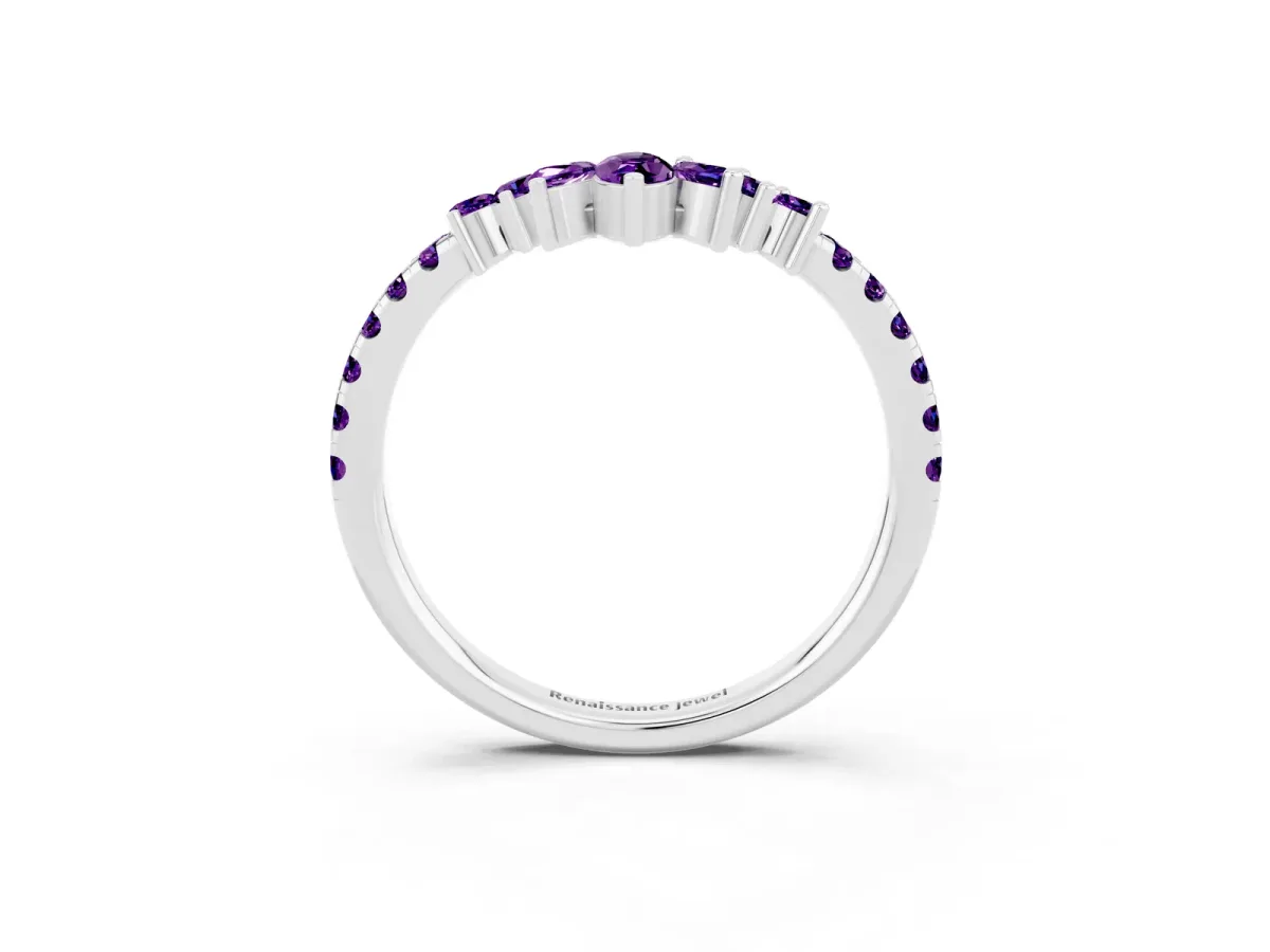 Chevron Marquise and Round Amethyst Open Band with Prong Setting Silver