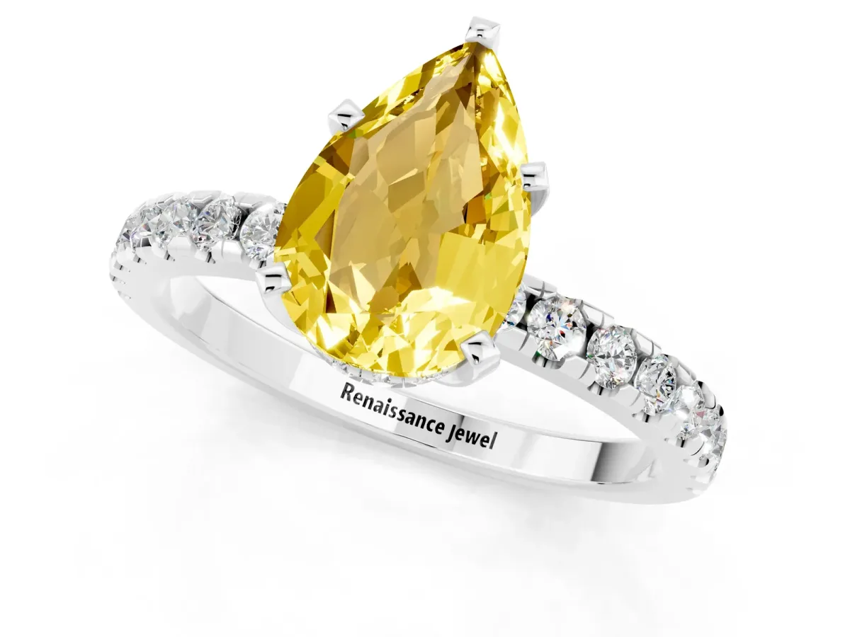 Pear Cut Yellow Sapphire Solitaire Ring with Round Pavé Band and Four-Prong Setting Silver