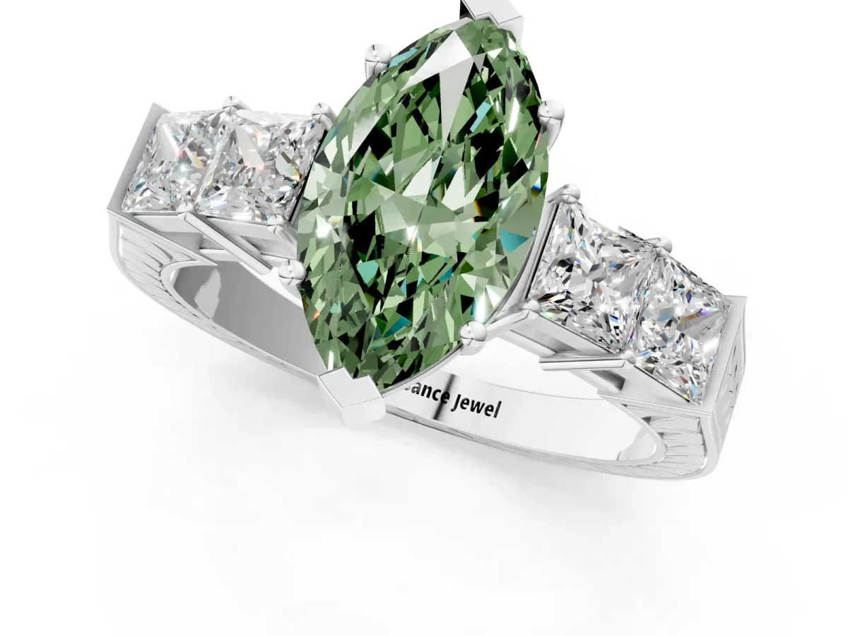Fancy Green Marquise Cut Solitaire Princess Side Stone Engraved Band Prong Setting Ring Silver