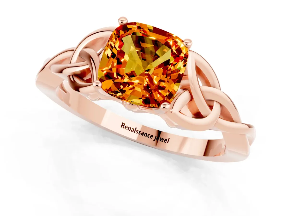 Cushion Cut Citrine Solitaire Celtic Knot Ring with Four-Prong Setting Rose gold