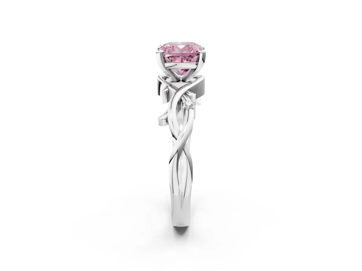 Fancy Pink Cushion Cut Diamond Solitaire Ring with Twisted Band and Prong Setting Platinum