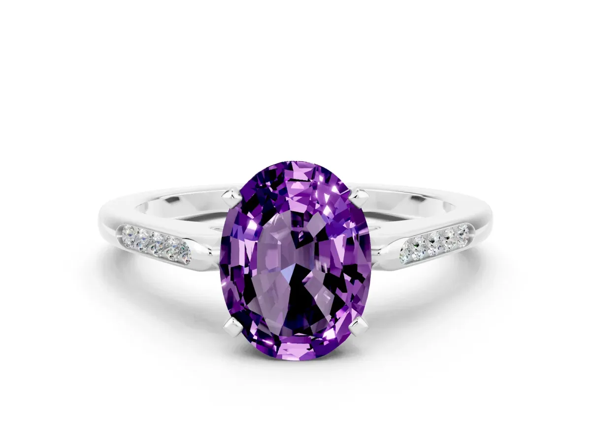 Oval Cut Amethyst Solitaire Ring with Channel Set Round Band and Prong Setting Silver