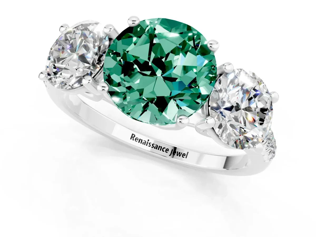 Three-Stone Round Cut Green Sapphire Ring with Round Pavé Band and Prong Setting Silver