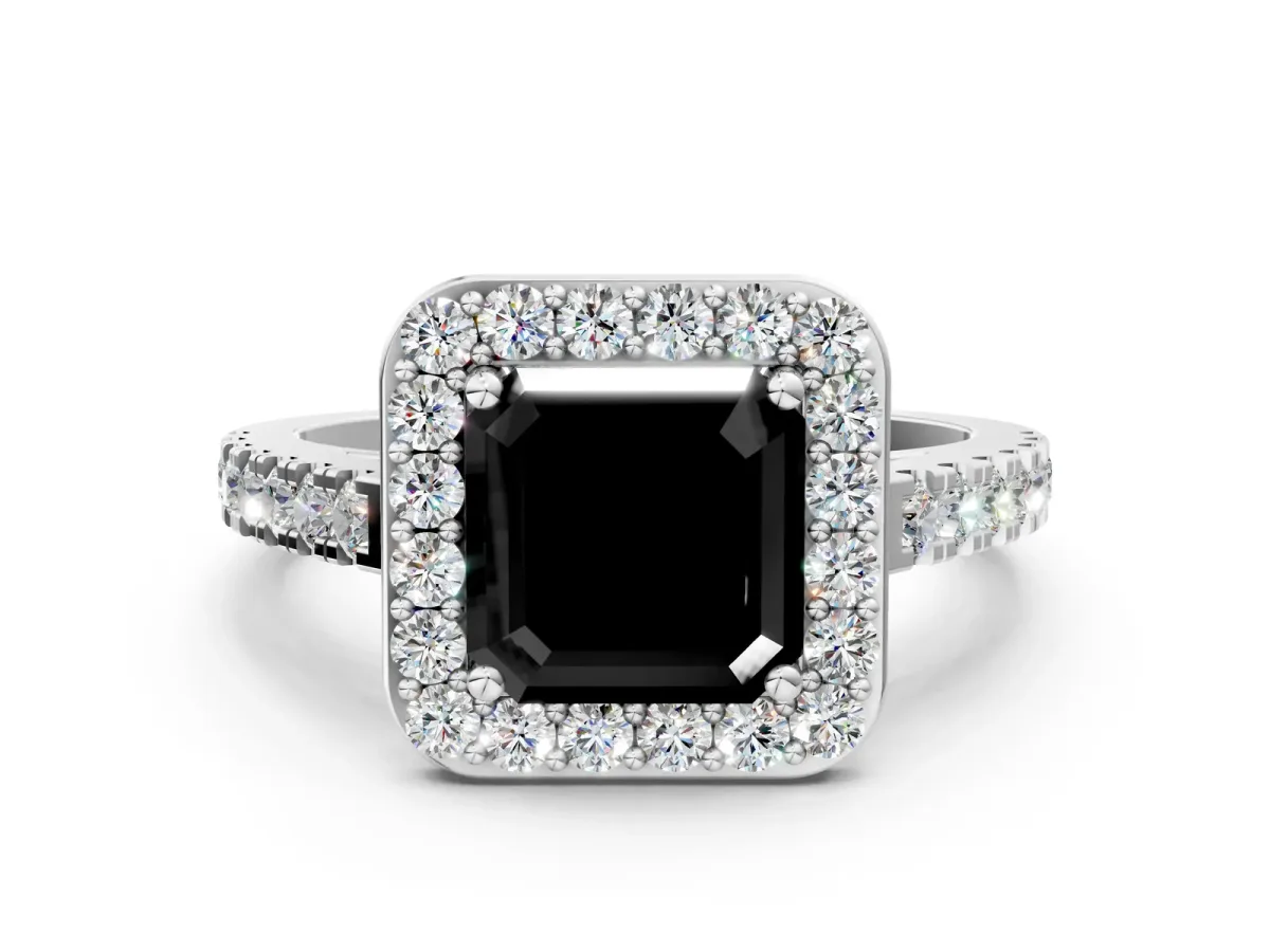 Fancy Black Asscher Cut Diamond Halo Ring with Round Pavé Split Shank and Prong Setting Platinum