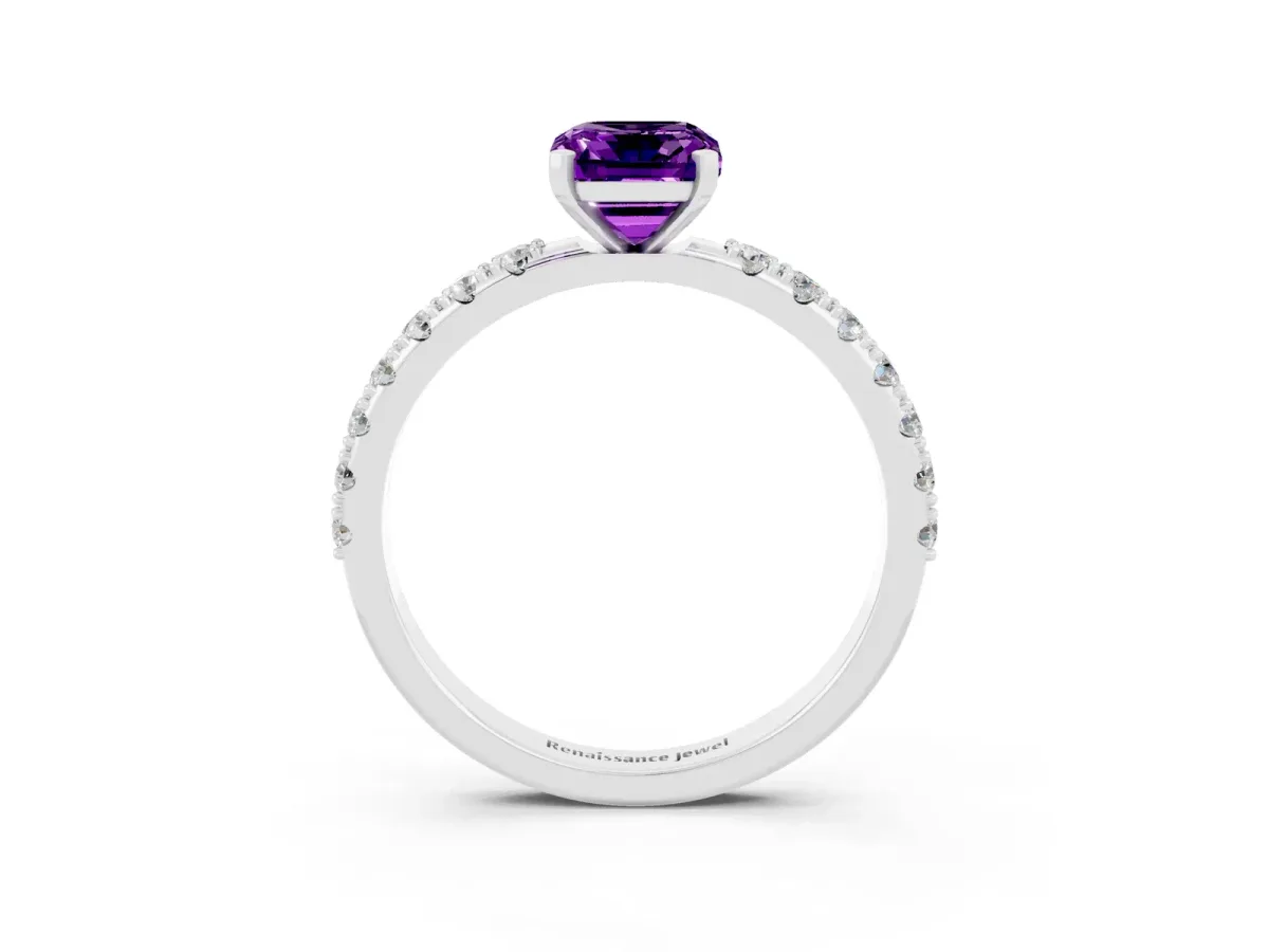 Emerald Cut Amethyst Solitaire Pavé Band with Four-Prong Setting Platinum