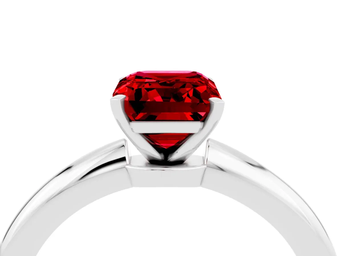 Emerald Cut Ruby Solitaire Ring with Six-Prong Setting and Classic Band Silver