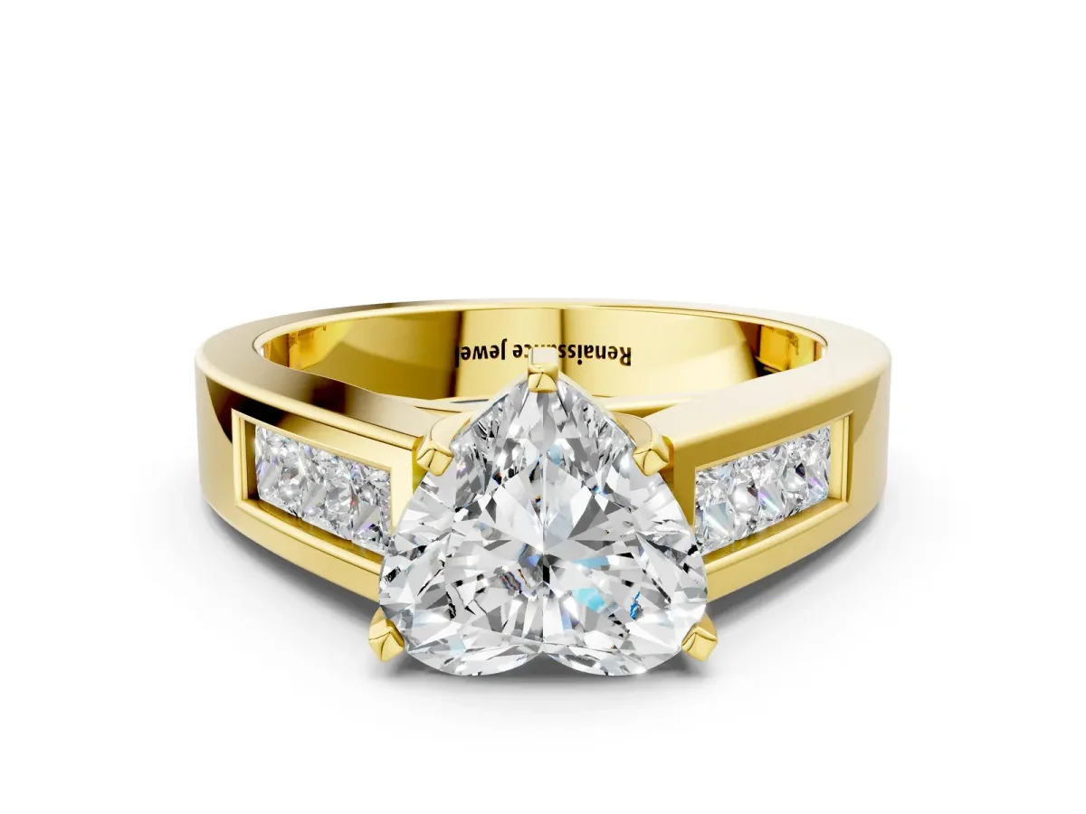 Heart Cut Cut Channel Set Solitaire Ring with Four-Prong Setting Yellow gold