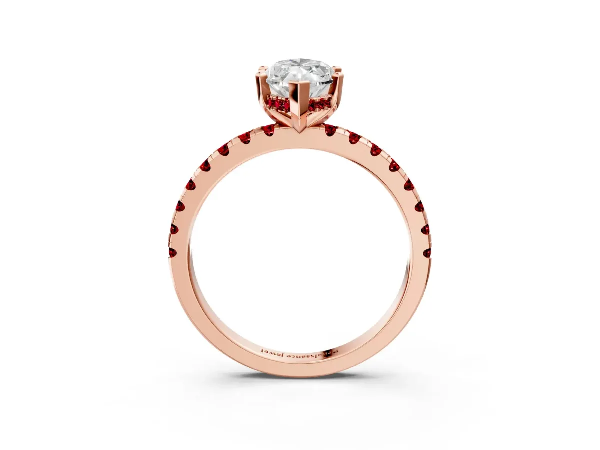 Marquise Cut Diamond Solitaire Ring with Round Ruby Pavé Band and Four-Prong Setting Rose gold