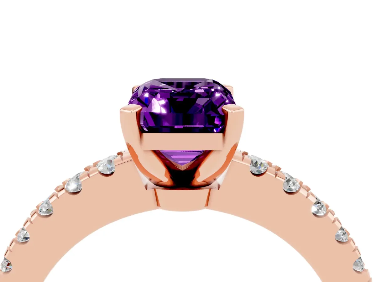 Emerald Cut Solitaire Amethyst with Pavé Band and Four-Prong Setting Rose gold
