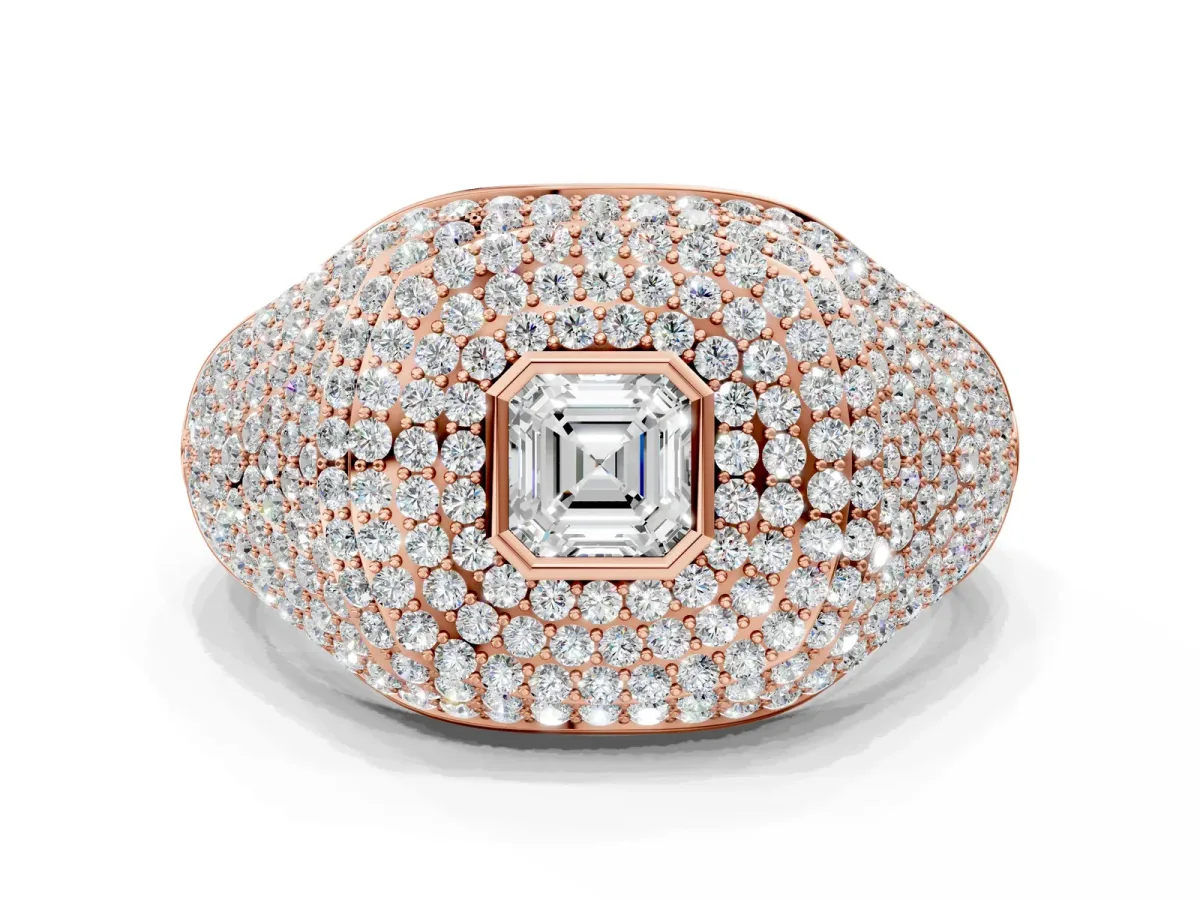 Asscher Cut Diamond Bezel Set Pavé Dome Mens Ring Rose gold
