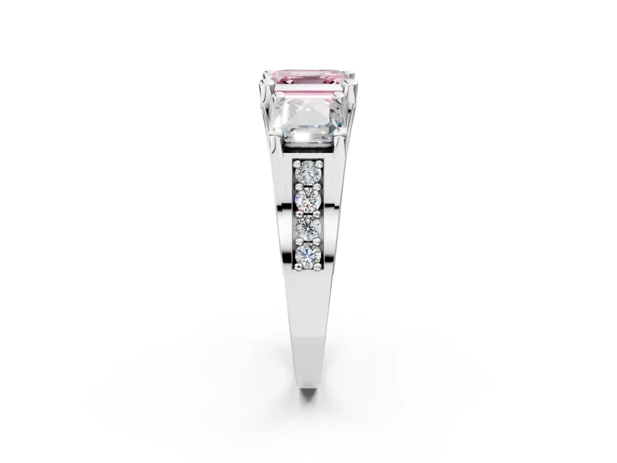 Fancy Pink Asscher Cut Diamond Three-Stone Ring with Channel Set Band and Four-Prong Setting Platinum
