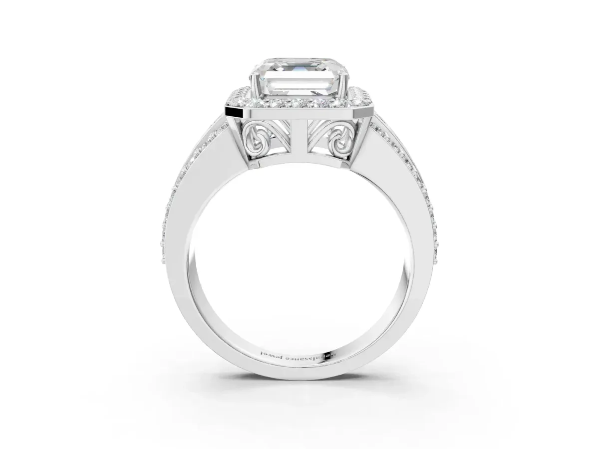 Asscher Cut Halo Diamond Ring with Round Moissanite Split Shank and Prong Setting Silver