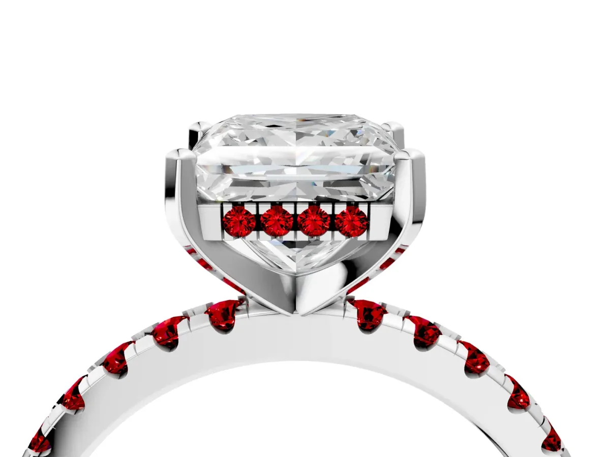 Princess Cut Diamond Solitaire Ring with Round Ruby Pavé Band and Four-Prong Setting White gold