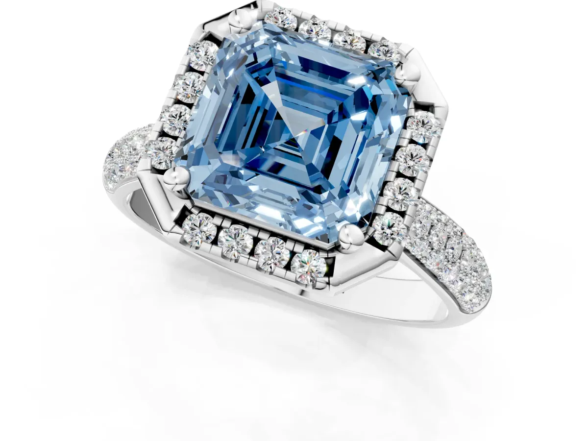 Fancy Blue Asscher Cut Cut Halo Pave Band Four-Prong Setting Ring Platinum