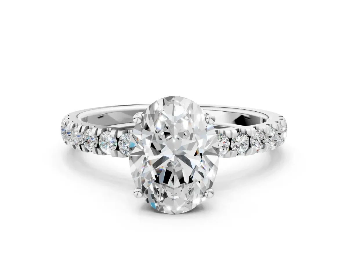 Oval Cut Diamond Pave Band Solitaire Ring with Round Moissanite and Prong Setting Silver