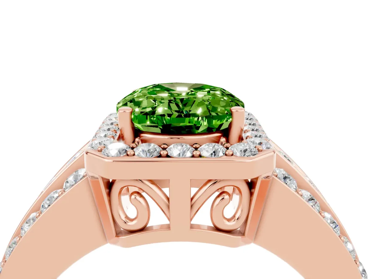 Oval Cut Halo Peridot Ring with Round Split Shank and Prong Setting Rose gold