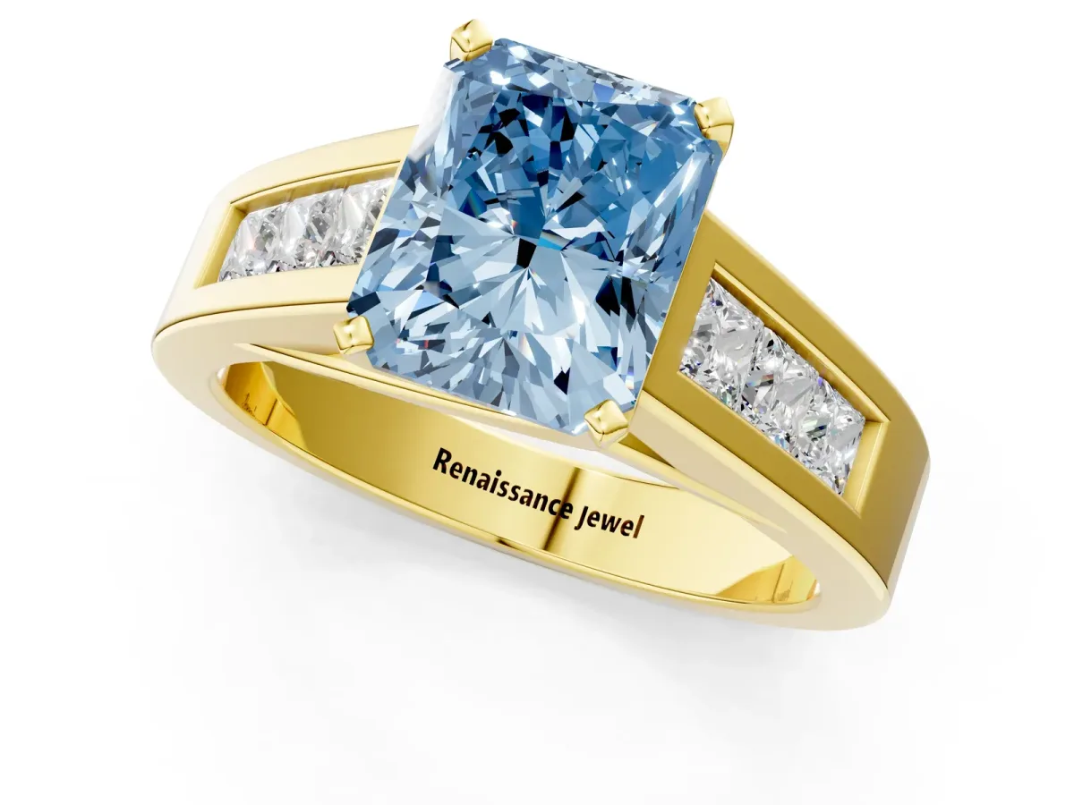Fancy Blue Radiant Cut Cut Channel Set Solitaire Ring with Four-Prong Setting Yellow gold