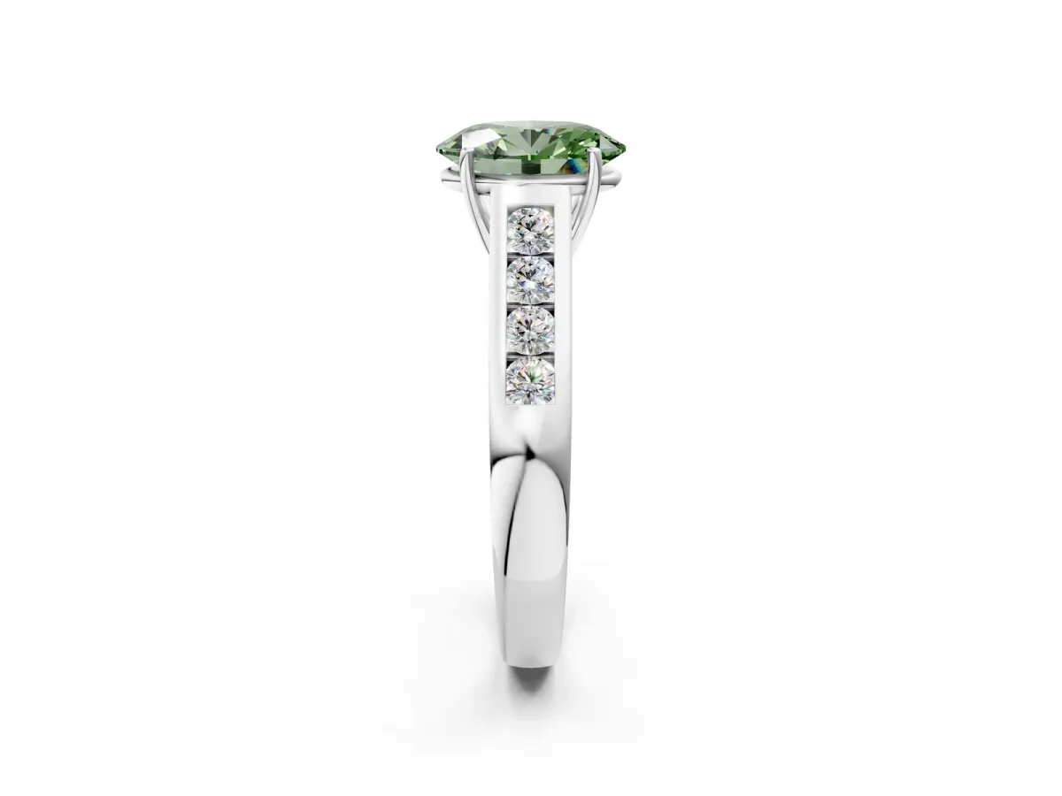 Fancy Green Oval Cut Brilliant Channel-Set Solitaire Ring with Four-Prong Setting White gold