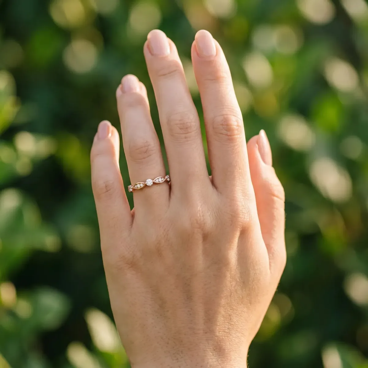 Marquise and Round Diamond Milgrain Band with Bezel Setting Rose gold