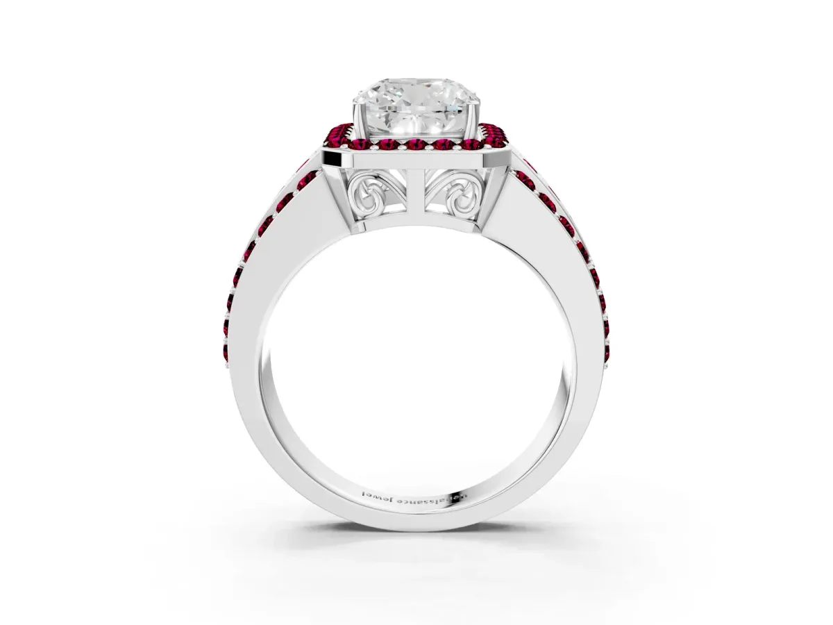 Cushion Cut Halo Diamond Ring with Round Garnet Split Shank and Prong Setting Silver