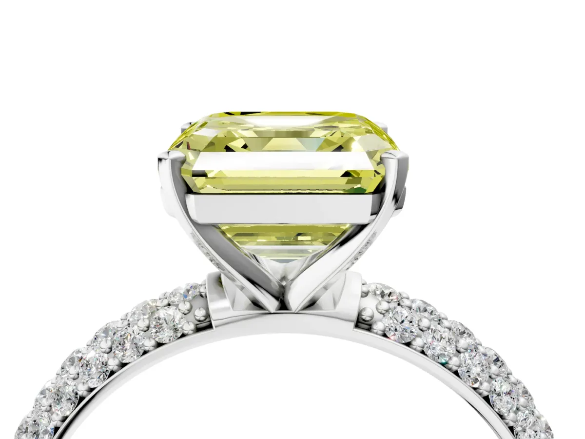 Fancy Yellow Asscher Cut Diamond Solitaire Ring with Prong Setting and Pavé Band Platinum