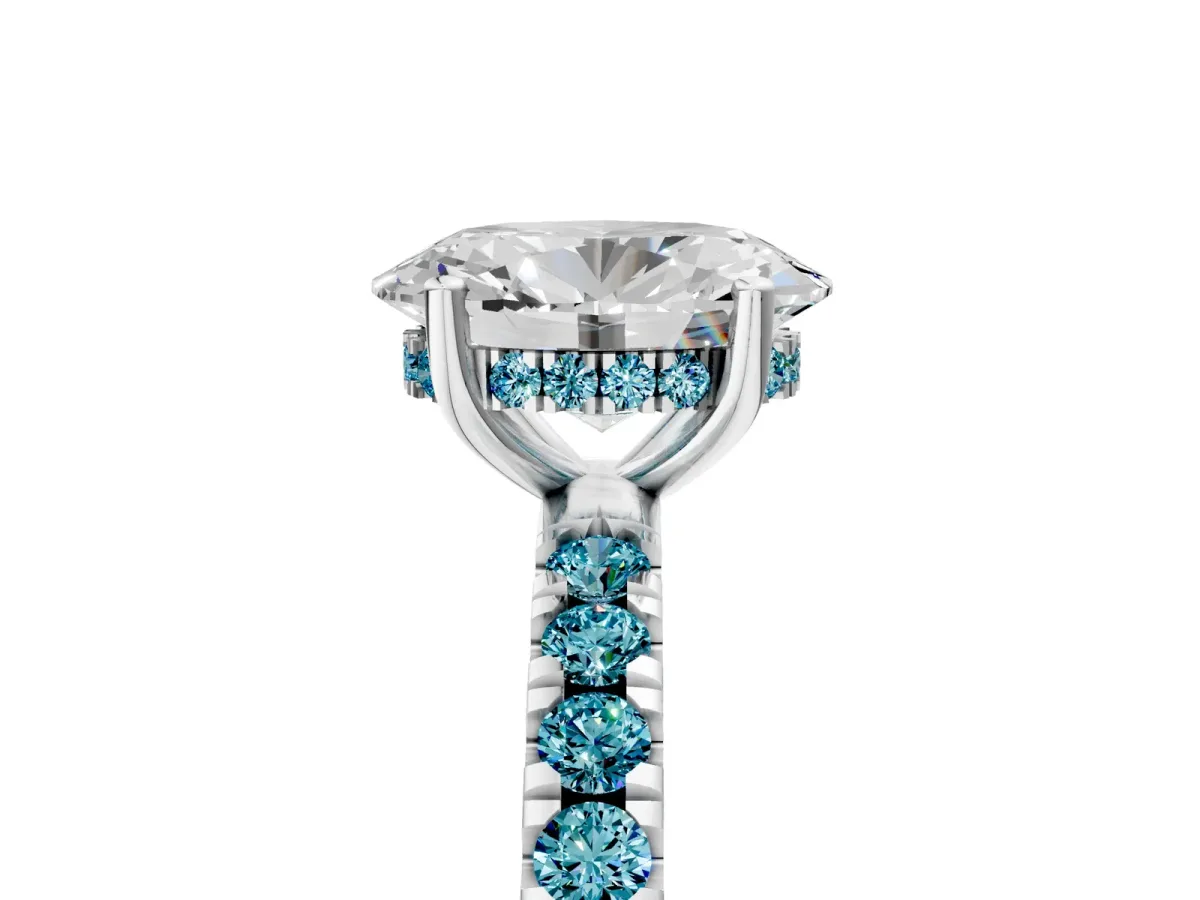 Oval Cut Diamond Pave Band Solitaire Ring with Round Blue Topaz and Prong Setting Platinum