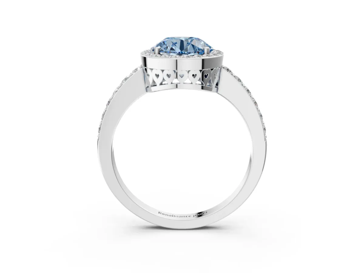 Fancy Blue Round Cut Halo Diamond Pavé Band Ring with Prong Setting Platinum