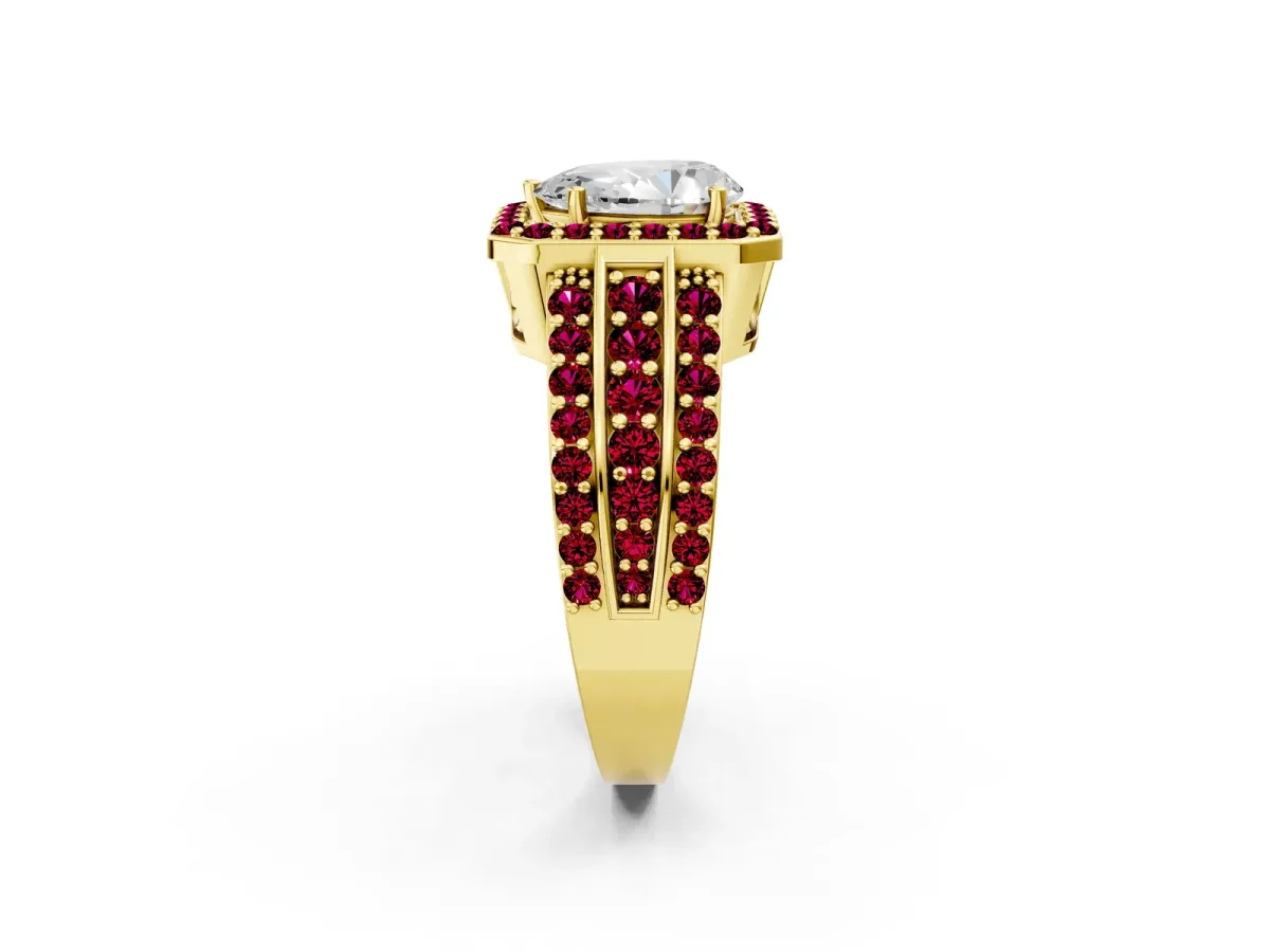 Pear Cut Halo Diamond Ring with Round Garnet Split Shank and Prong Setting Yellow gold