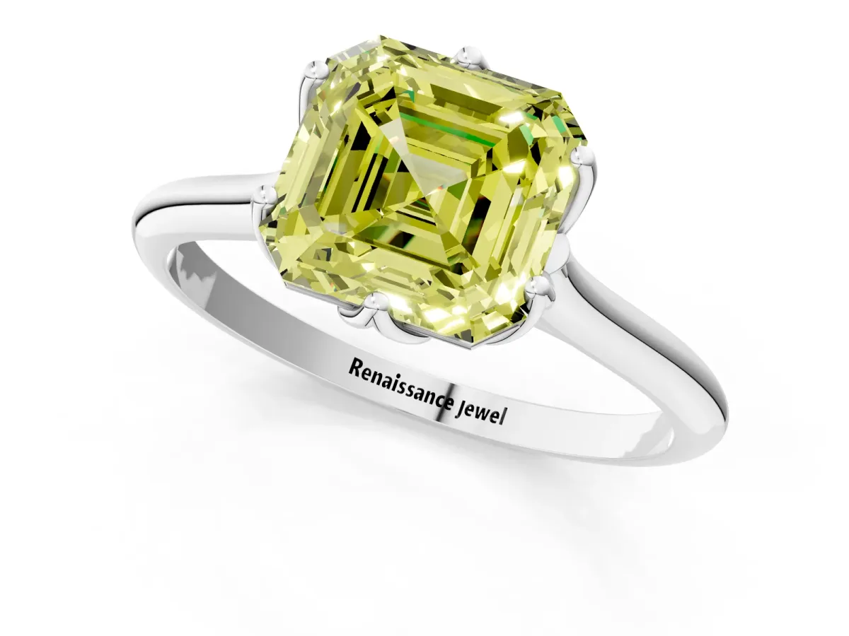 Fancy Yellow Asscher Cut Solitaire Cathedral Diamond Ring with Six-Prong Setting Platinum