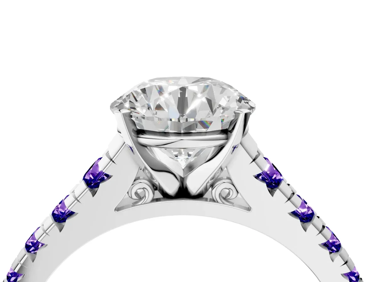 Round Cut Diamond Cathedral Solitaire Ring with Round Tanzanite Pavé Band Silver