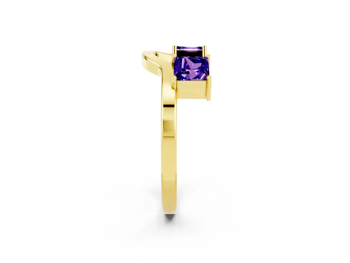 Princess Cut Tanzanite Two-Stone Open Band Ring with Four-Prong Setting Yellow gold