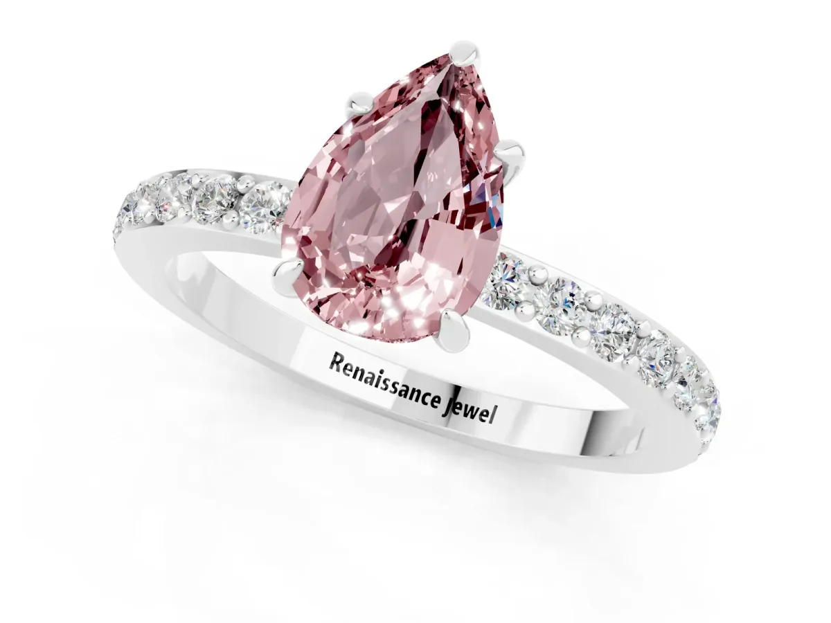 Pear Cut Morganite Solitaire Engagement Ring with Pavé Band and Four-Prong Setting Silver