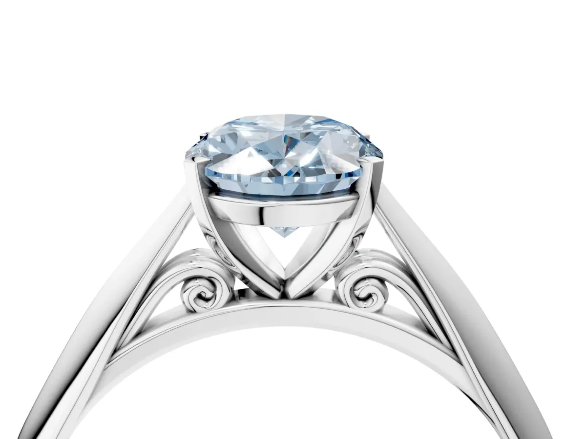 Fancy Blue Oval Cut Diamond Solitaire Engagement Ring with Cathedral Setting and Four-Prong Mount Silver