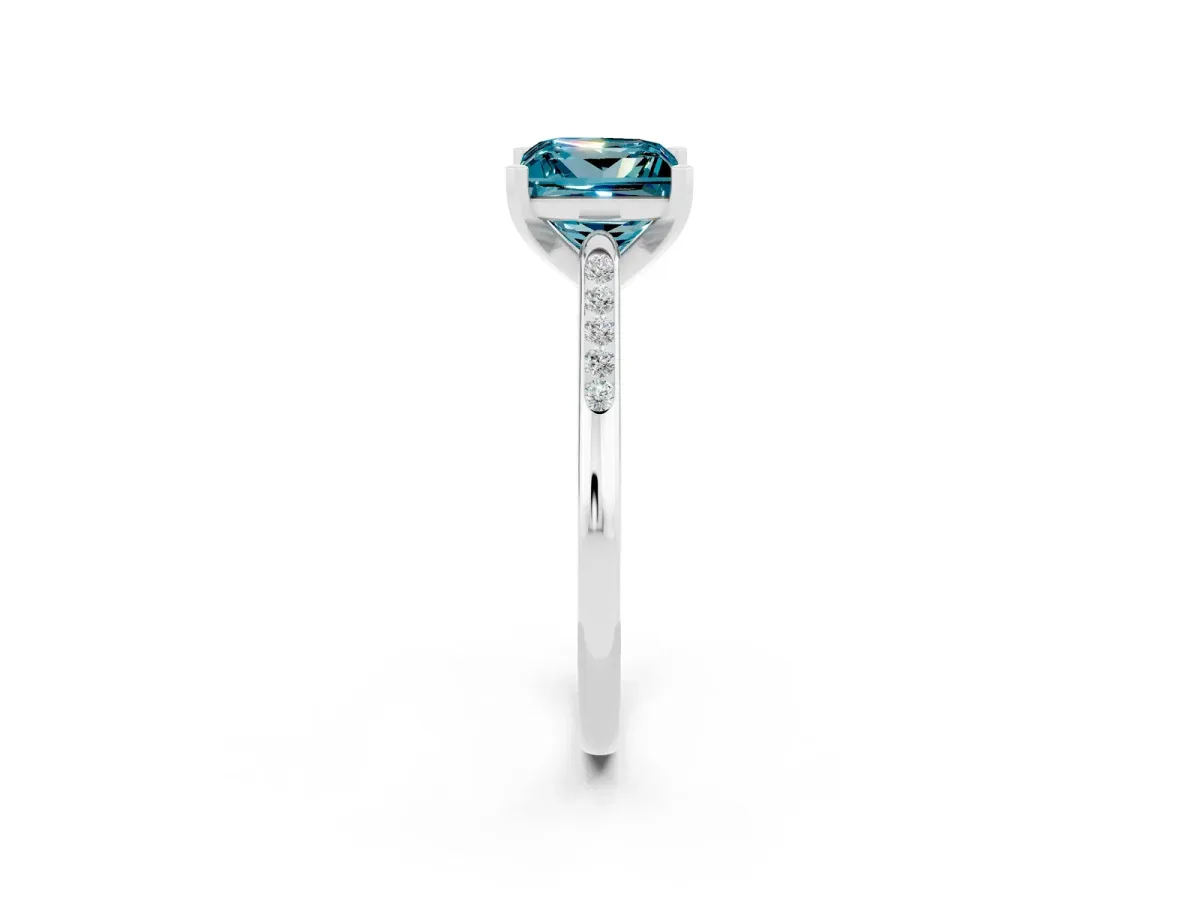 Princess Cut Blue Topaz Solitaire Ring with Channel Set Round Band and Prong Setting Silver