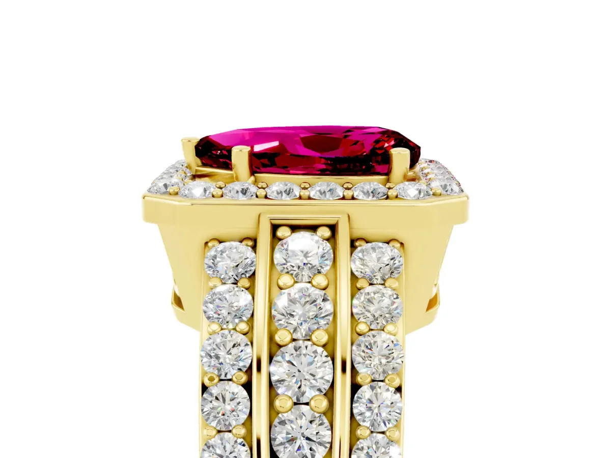 Pear Cut Halo Garnet Ring with Round Split Shank and Prong Setting Yellow gold
