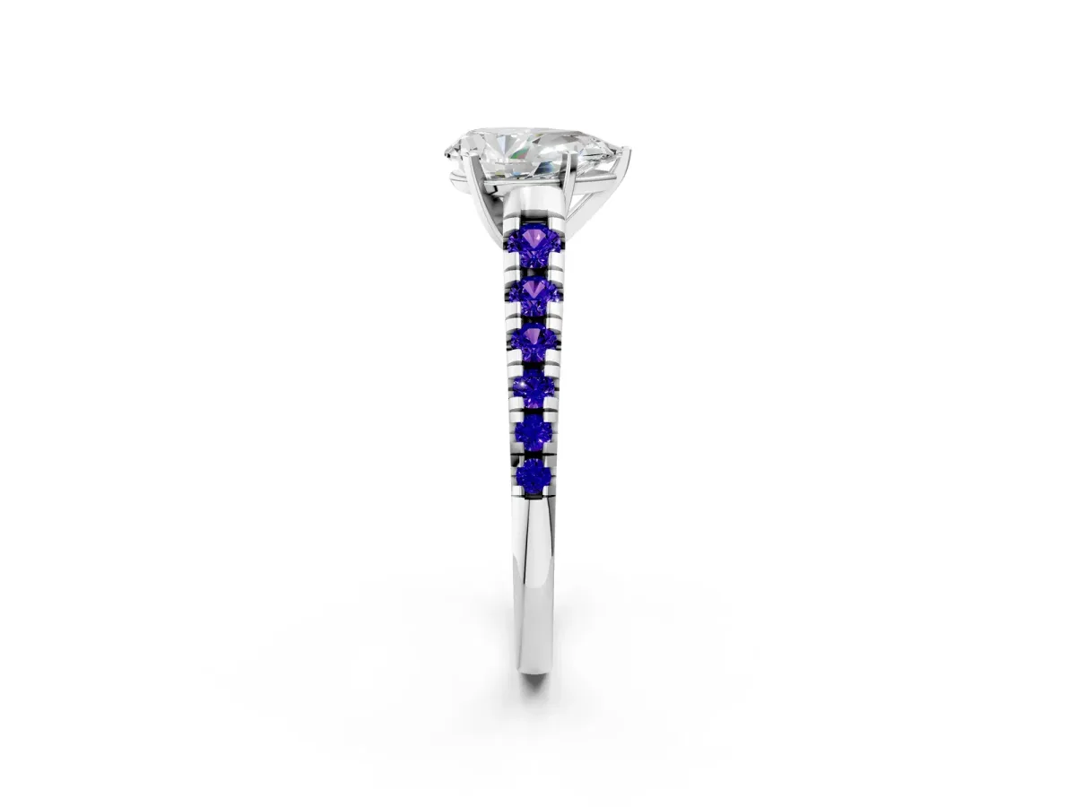 Pear Cut Diamond Cathedral Solitaire Ring with Round Tanzanite Pavé Band Silver