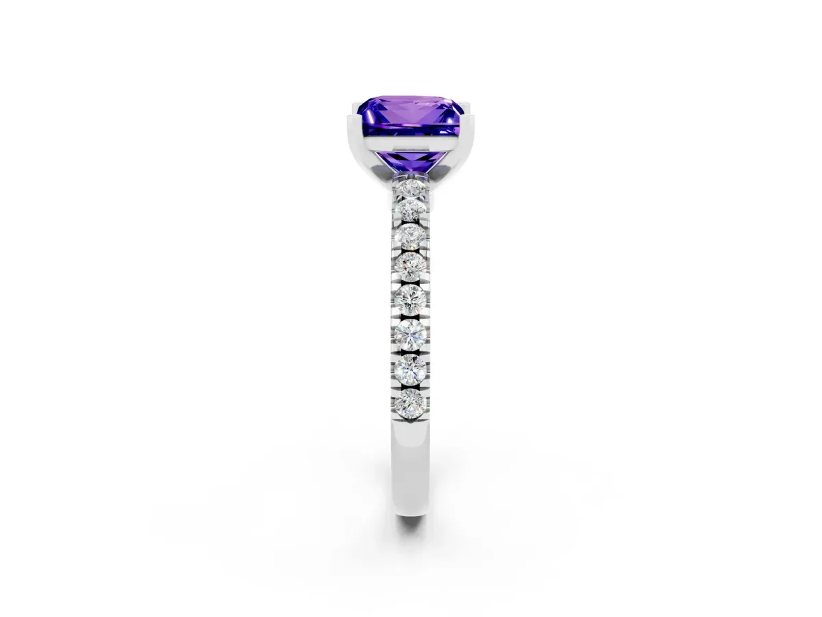 Princess Cut Solitaire Tanzanite with Pavé Band and Four-Prong Setting Silver