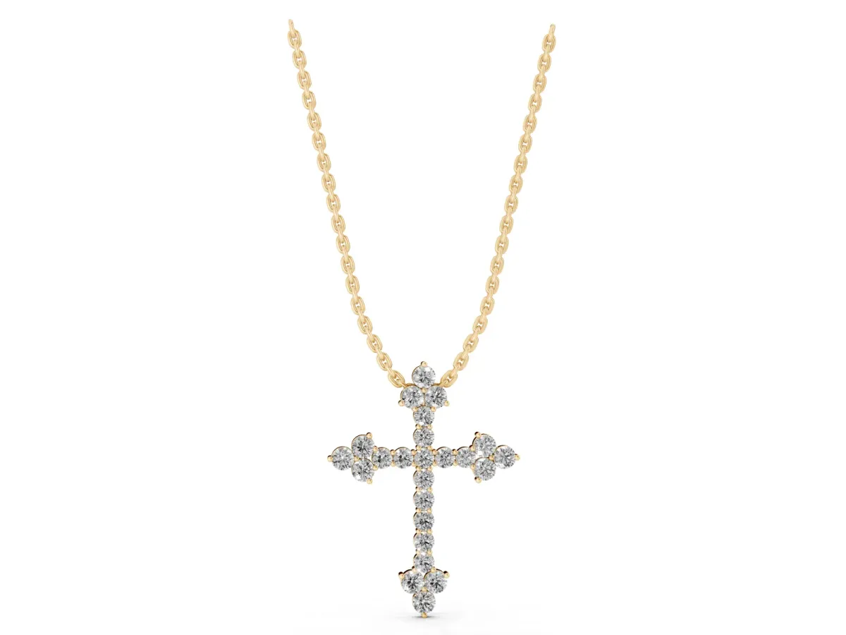 Round Diamond Cluster Cross Pendant with Prong Setting Yellow gold
