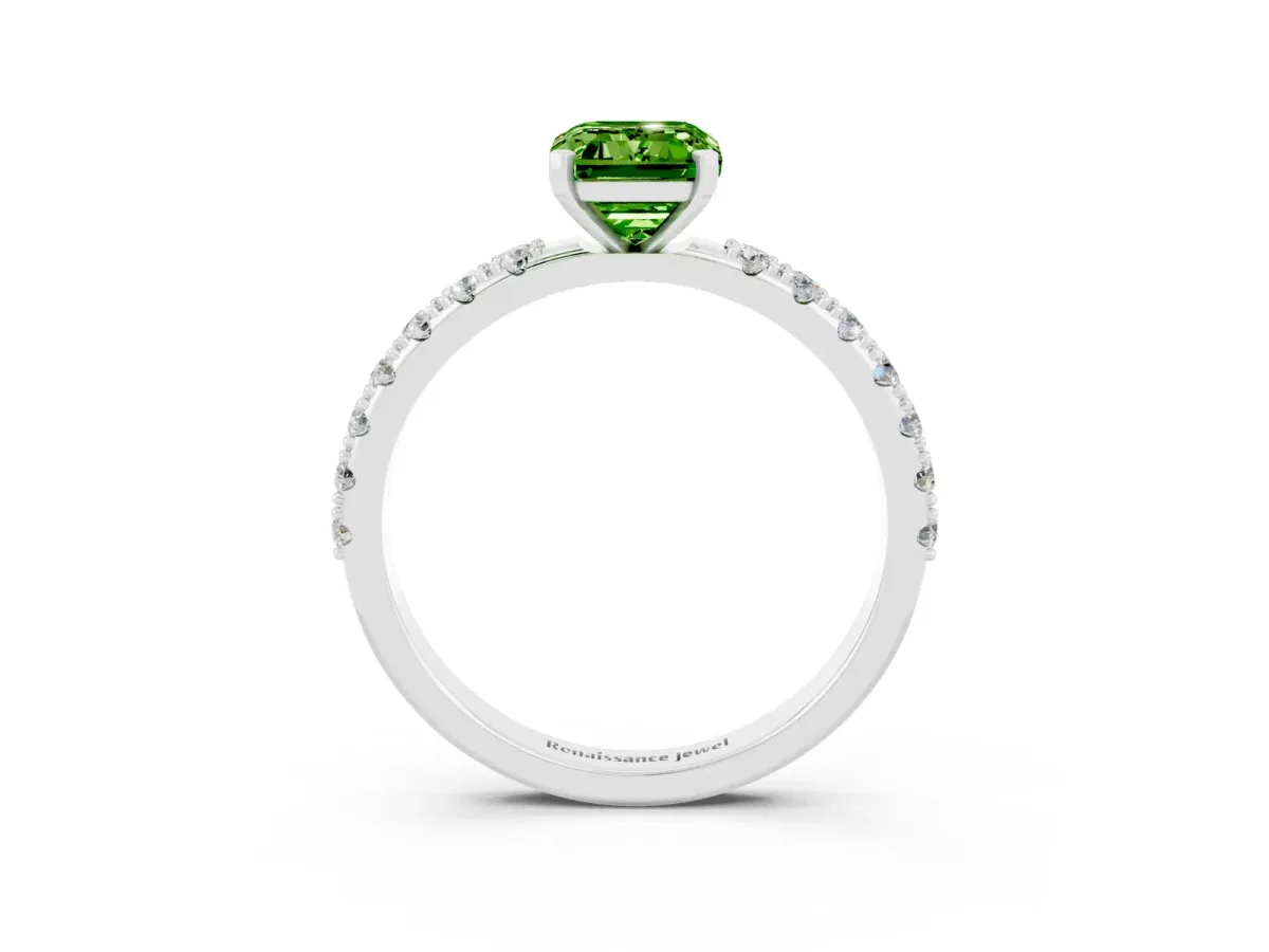 Emerald Cut Peridot Solitaire Pavé Band with Four-Prong Setting Platinum