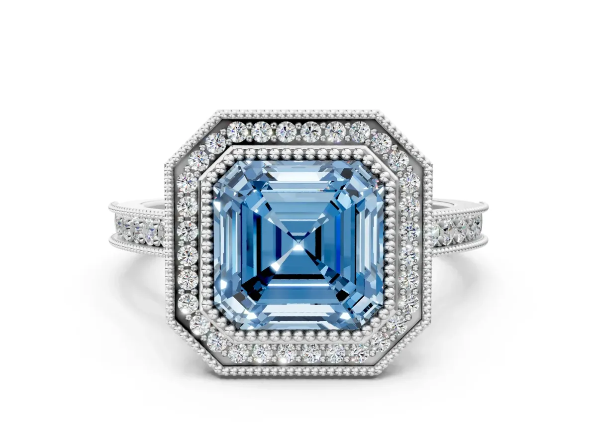 Fancy Blue Halo Asscher Cut-Cut Diamond Pave Band Milgrain Prong Setting Ring Platinum