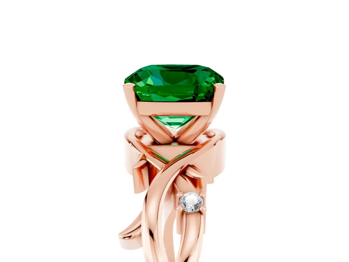 Cushion Cut Emerald Solitaire Ring with Twisted Band and Prong Setting Rose gold