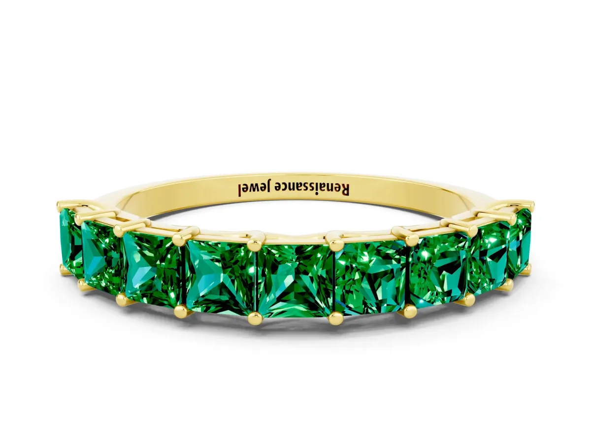 Princess Cut Emerald Channel-Set Eternity Band with Prong Setting Yellow gold